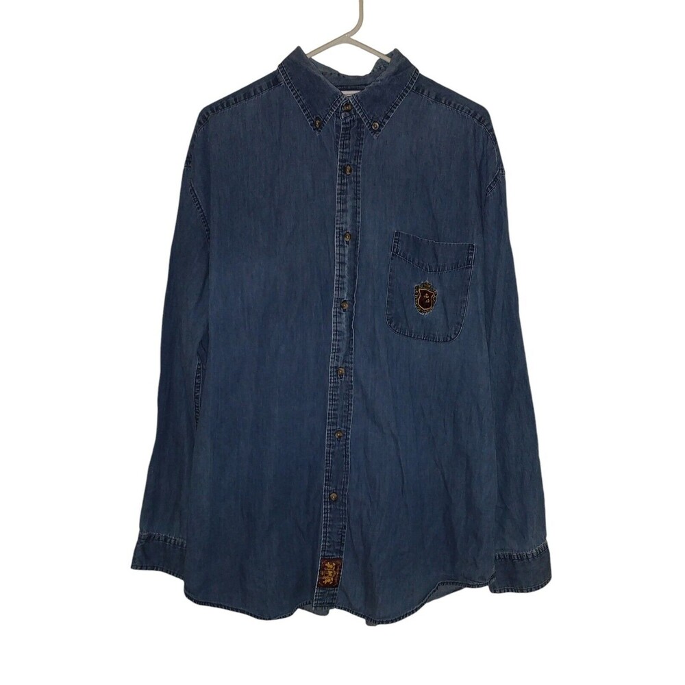Disney Shirt Mens L Blue Denim Baggy Long Sleeve Mickey World Y2K Button Down